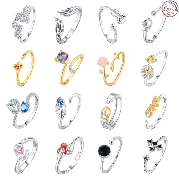 Women's S925 Sterling Silver Adjustable Geometric Bee Crown Opening Ring Natural Plants And Flowers Style