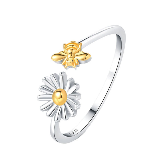Women's S925 Sterling Silver Adjustable Geometric Bee Crown Opening Ring Natural Plants And Flowers Style