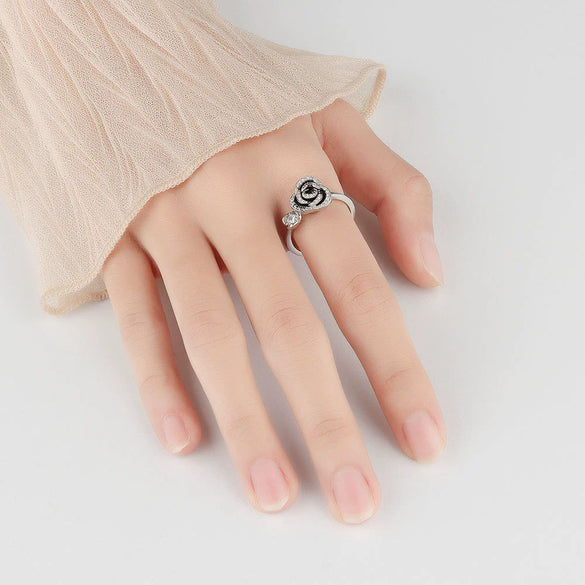 Women's S925 Sterling Silver Adjustable Open Rotating Rose Flower Ring Electroplated Geometric Natural Style Spinner Ring