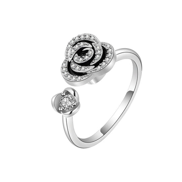 Women's S925 Sterling Silver Adjustable Open Rotating Rose Flower Ring Electroplated Geometric Natural Style Spinner Ring