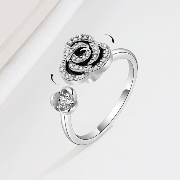 Women's S925 Sterling Silver Adjustable Open Rotating Rose Flower Ring Electroplated Geometric Natural Style Spinner Ring