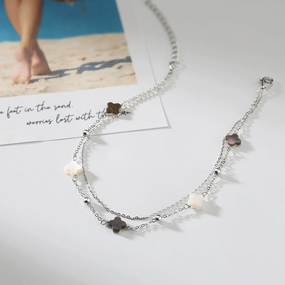 Women's S925 Sterling Silver Anklet With Geometric Fourleaf Clover Design