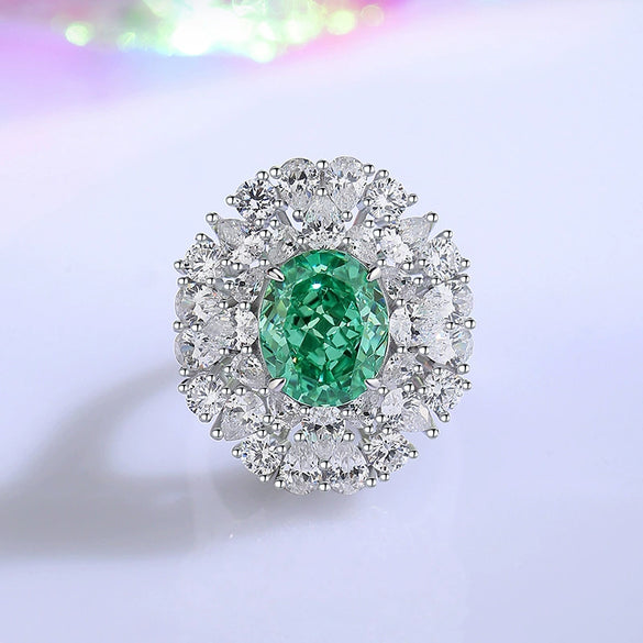 Women's S925 Sterling Silver Aquamarine Inlaid Ice Flower Cut Zircon Ring With Geometric Style