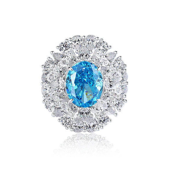 Women's S925 Sterling Silver Aquamarine Inlaid Ice Flower Cut Zircon Ring With Geometric Style
