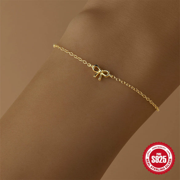 Women's S925 Sterling Silver Bow Geometric Pattern Simple Minimalist Classic Bracelet With Electroplating Finish