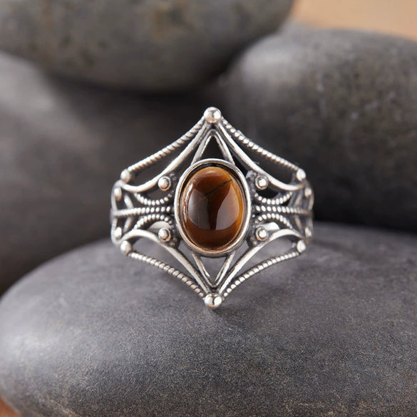 Women's S925 Sterling Silver Colored Gemstone Ring Set With Gemstones Natural Gemstone Moonstone Topaz Tiger Eye Blue Crystal Exotic Geometric