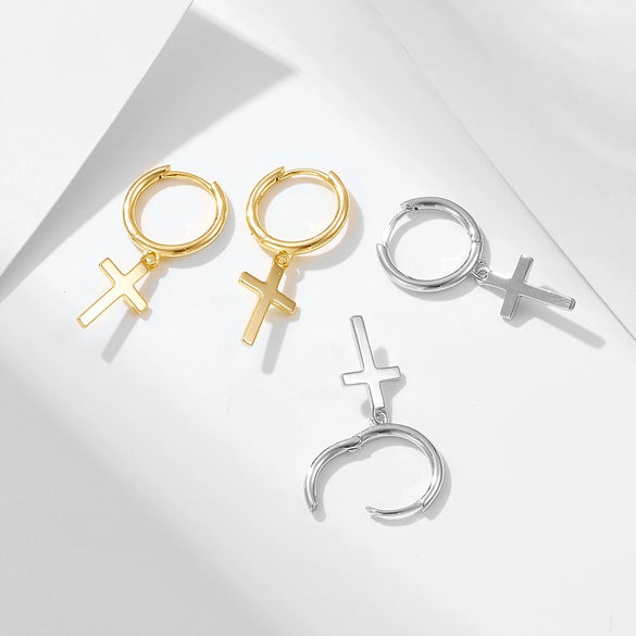 Women's S925 Sterling Silver Cross Hiphop Punk Style Electroplated Earrings