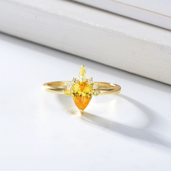 Women's S925 Sterling Silver Crown Dropshaped Yellow Zircon Simulated Diamond Ring