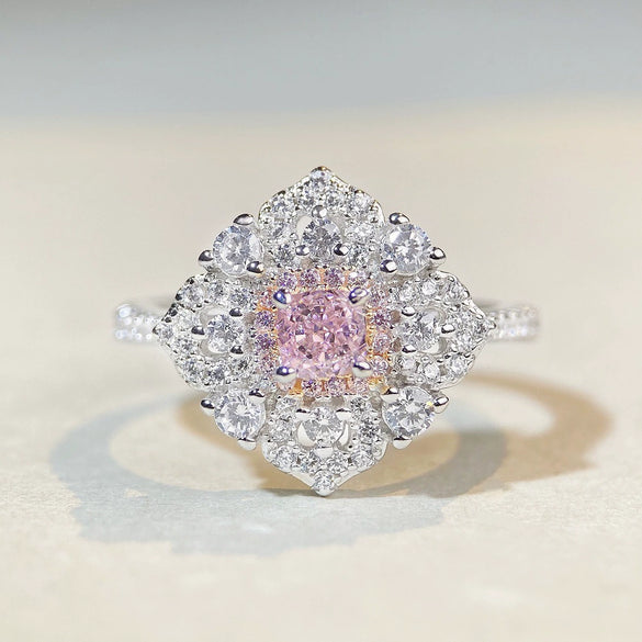 Women's S925 Sterling Silver Cute Simple Pink Heart Ring With Ice Flower Cut Zircon And Diamond Design