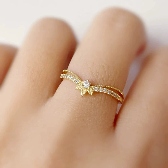Women's S925 Sterling Silver Double Layer Herringbone Rig Leaves Geometric Ring With Electroplating