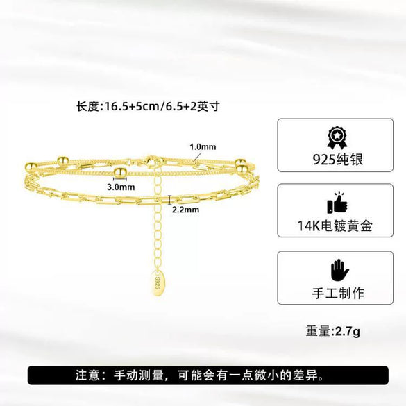 Women's S925 Sterling Silver Doublelayer Cut Out Square Bead Heart Shape Electroplated Bracelet