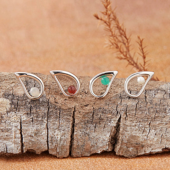 Women's S925 Sterling Silver Drop Shape Opal Garnet Green Agate Gem Set Earrings