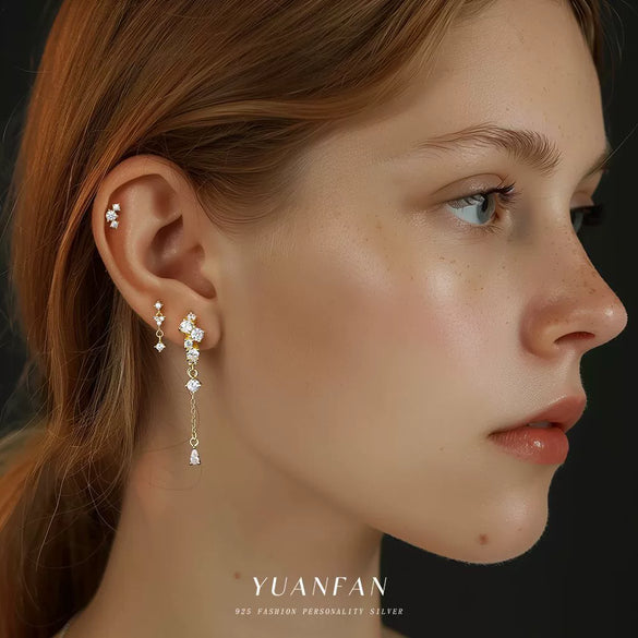 Women's S925 Sterling Silver Drop Shape Tassel Diamond Earrings