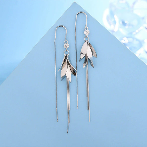 Women's S925 Sterling Silver Elegant Leaf Long Tassel Earrings With Distinctive Floral Plant Design