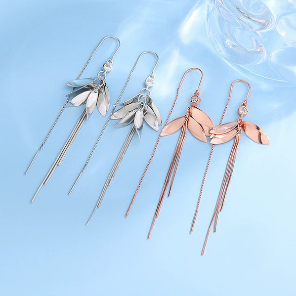 Women's S925 Sterling Silver Elegant Leaf Long Tassel Earrings With Distinctive Floral Plant Design