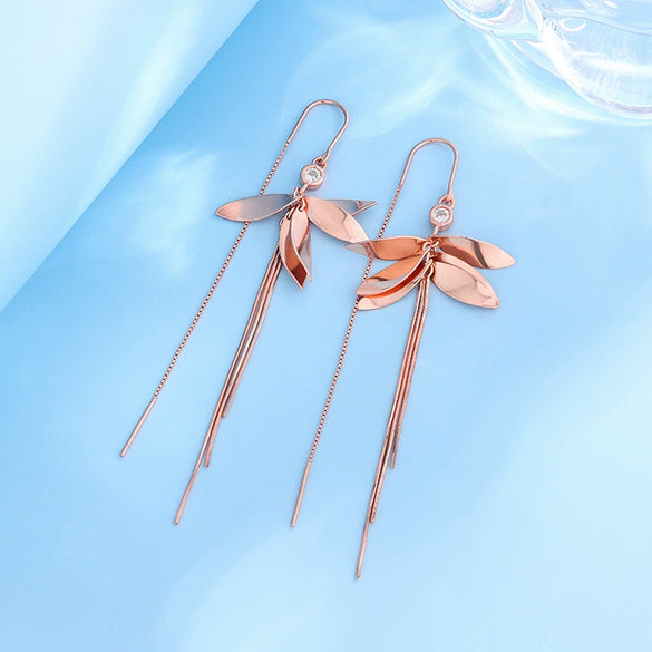 Women's S925 Sterling Silver Elegant Leaf Long Tassel Earrings With Distinctive Floral Plant Design