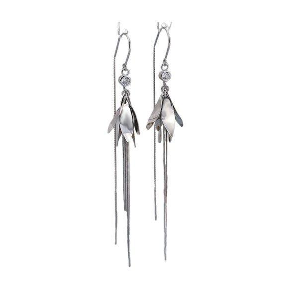 Women's S925 Sterling Silver Elegant Leaf Long Tassel Earrings With Distinctive Floral Plant Design