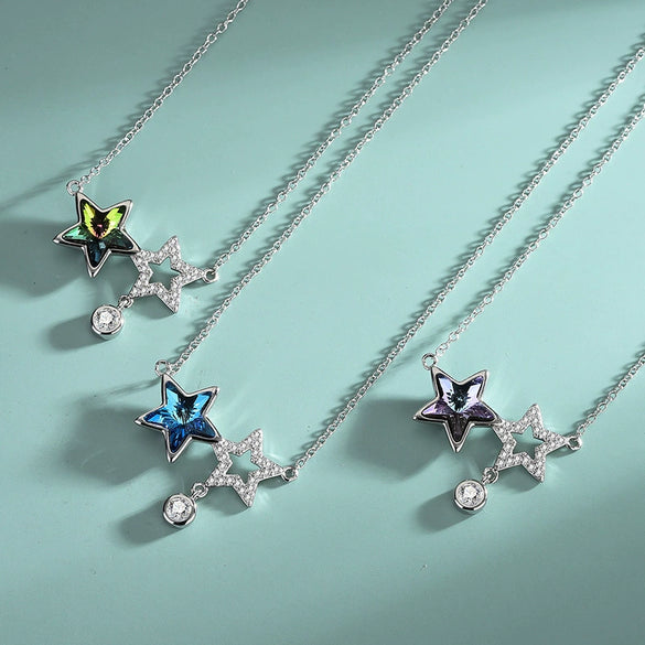 Women's S925 Sterling Silver Fivepointed Star Necklace With Austrian Crystal And Cross Chain