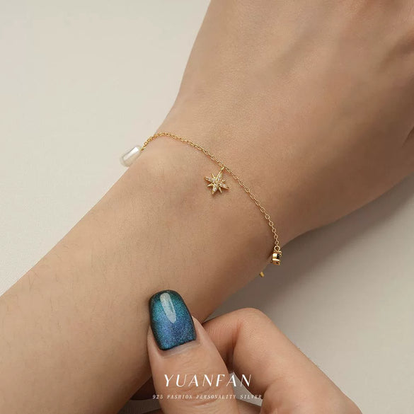 Women's S925 Sterling Silver Flower And Fivepointed Star Zirconia Bracelet Light Luxury Simple Trendy