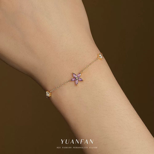 Women's S925 Sterling Silver Flower And Fivepointed Star Zirconia Bracelet Light Luxury Simple Trendy