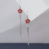 Women's S925 Sterling Silver Flower Earrings With Long Tassel Elegant Fashion Red Floral Drop Earrings