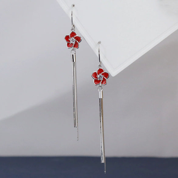 Women's S925 Sterling Silver Flower Earrings With Long Tassel Elegant Fashion Red Floral Drop Earrings