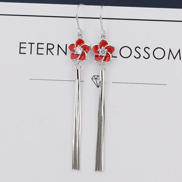 Women's S925 Sterling Silver Flower Earrings With Long Tassel Elegant Fashion Red Floral Drop Earrings