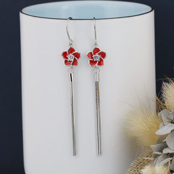 Women's S925 Sterling Silver Flower Earrings With Long Tassel Elegant Fashion Red Floral Drop Earrings