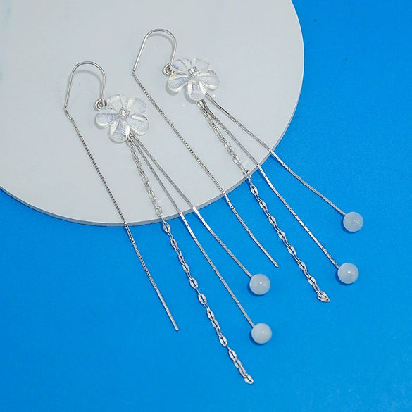 Women's S925 Sterling Silver Flower Tassel Threader Earrings Elegant Floral Ear Line Drop Earrings