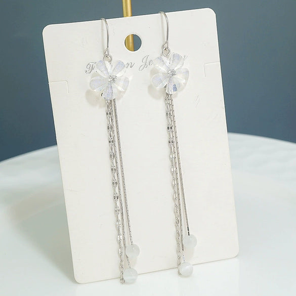 Women's S925 Sterling Silver Flower Tassel Threader Earrings Elegant Floral Ear Line Drop Earrings