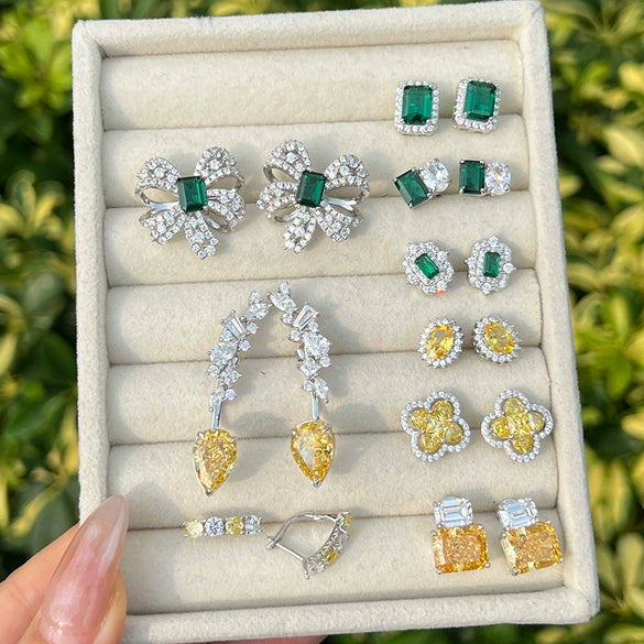 Women's S925 Sterling Silver Fourleaf Clover Butterfly Geometric Emerald Yellow Zirconium Electroplated Earrings