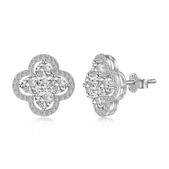 Women's S925 Sterling Silver Fourleaf Clover Zircon Bead Earrings With Flower Pattern And Electroplating Design
