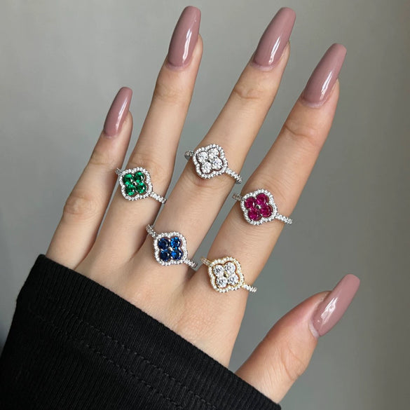 Women's S925 Sterling Silver Fourleaf Clover Zircon Inlaid Electroplated Ring