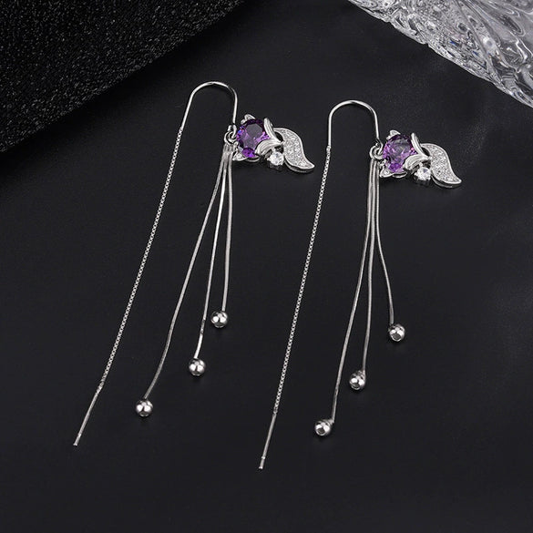 Women's S925 Sterling Silver Fox Round Bead Tassel Threader Earrings Light Luxury Animal Style Elegant Fashion Jewelry