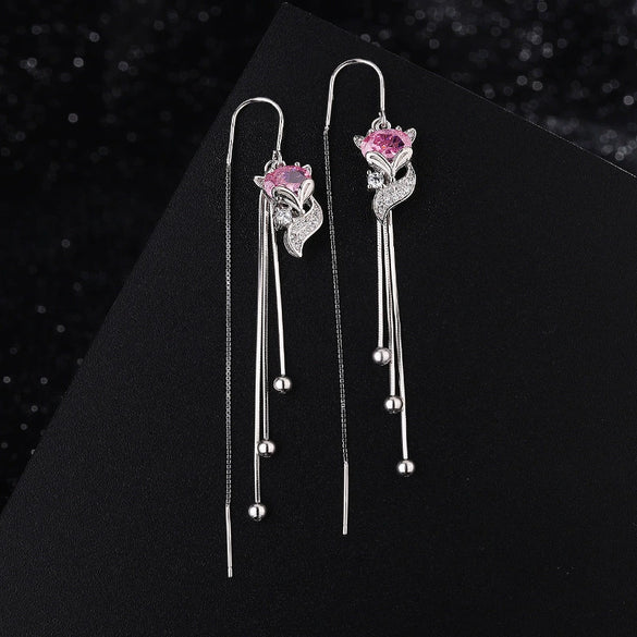 Women's S925 Sterling Silver Fox Round Bead Tassel Threader Earrings Light Luxury Animal Style Elegant Fashion Jewelry