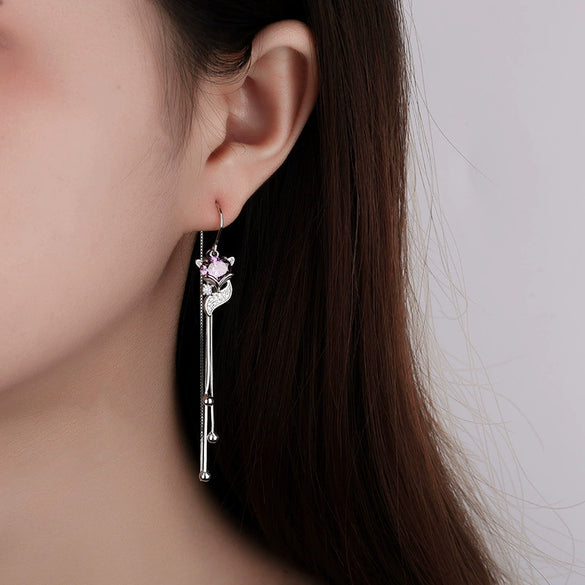 Women's S925 Sterling Silver Fox Round Bead Tassel Threader Earrings Light Luxury Animal Style Elegant Fashion Jewelry