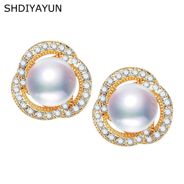 Women's S925 Sterling Silver Freshwater Pearl Earrings With Microinlaid Zircon And Bird's Nest Design Oblate Shape
