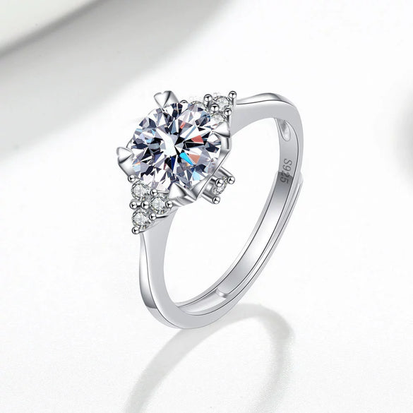 Women's S925 Sterling Silver Geometric Adjustable Ring With Eight Hearts And Arrows Simulated Diamond Electroplated Fashion Jewelry