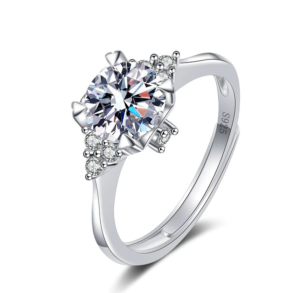 Women's S925 Sterling Silver Geometric Adjustable Ring With Eight Hearts And Arrows Simulated Diamond Electroplated Fashion Jewelry