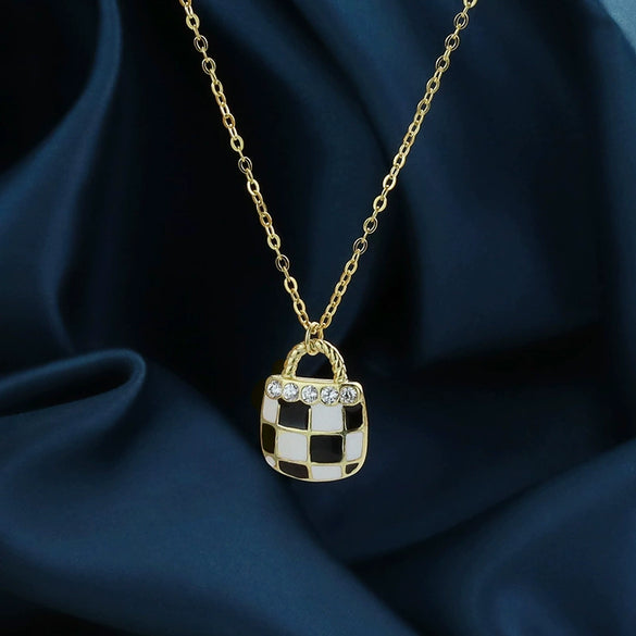 Women's S925 Sterling Silver Geometric Checkerboard Pendant Necklace With Black And White Square Clavicle Chain Electroplated Finish