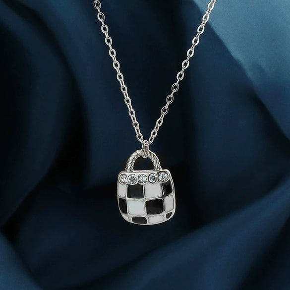 Women's S925 Sterling Silver Geometric Checkerboard Pendant Necklace With Black And White Square Clavicle Chain Electroplated Finish