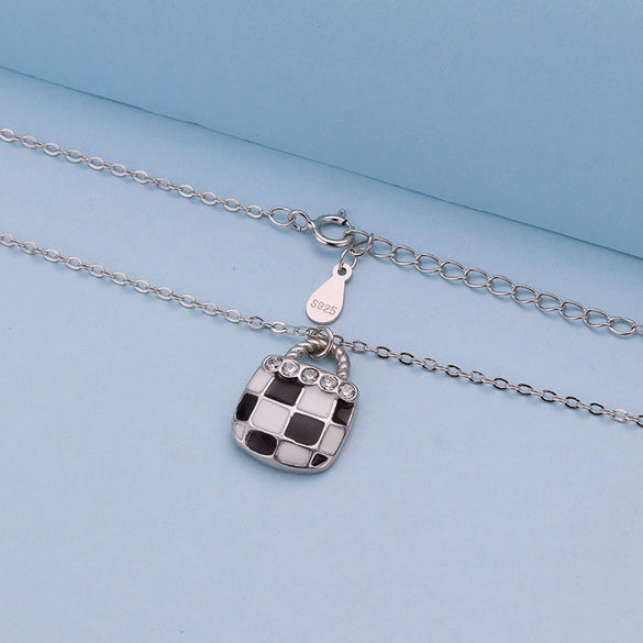 Women's S925 Sterling Silver Geometric Checkerboard Pendant Necklace With Black And White Square Clavicle Chain Electroplated Finish