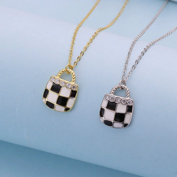 Women's S925 Sterling Silver Geometric Checkerboard Pendant Necklace With Black And White Square Clavicle Chain Electroplated Finish