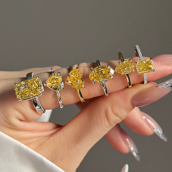 Women's S925 Sterling Silver Geometric Cube Ring With Ice Flower Cut Yellow Zircon Minimalist Style Electroplated