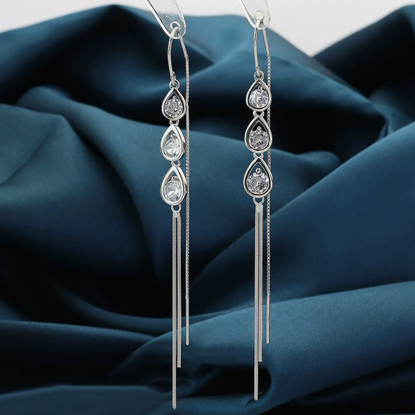 Women's S925 Sterling Silver Geometric Drop Shape Long Tassel Drop Earrings Elegant Fashion Ear Jewelry