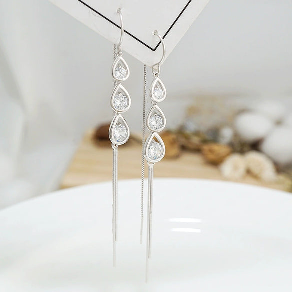 Women's S925 Sterling Silver Geometric Drop Shape Long Tassel Drop Earrings Elegant Fashion Ear Jewelry