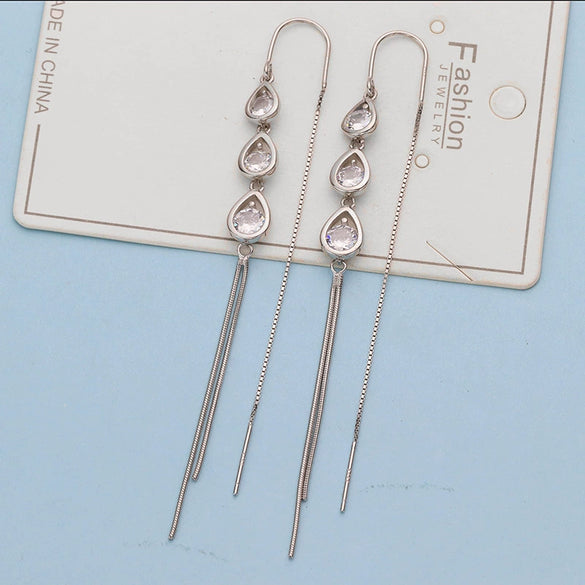 Women's S925 Sterling Silver Geometric Drop Shape Long Tassel Drop Earrings Elegant Fashion Ear Jewelry