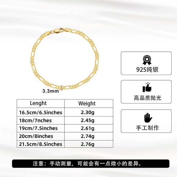 Women's S925 Sterling Silver Geometric Figaro Chain Bracelet With Electroplating