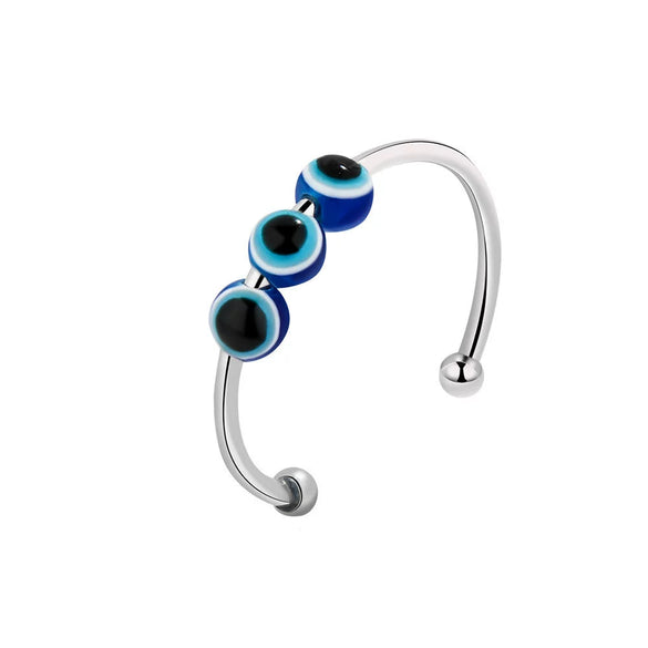 Women's S925 Sterling Silver Geometric Fish Eye Anti Anxiety Ring With Micro Bead Open Adjustable Design Electroplated Finish