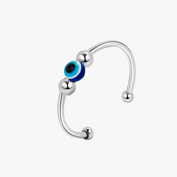 Women's S925 Sterling Silver Geometric Fish Eye Anti Anxiety Ring With Micro Bead Open Adjustable Design Electroplated Finish